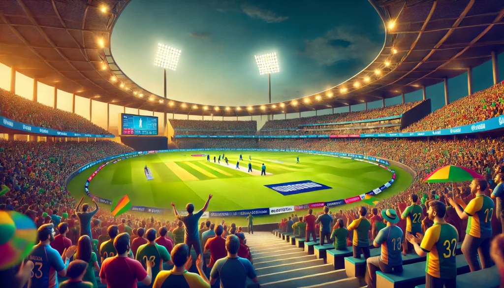 A cricket stadium during a live match with fans cheering enthusiastically