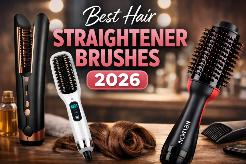 Best Hair Straightener Brushes 2026 featuring Dyson Corrale, Revlon One-Step, and ceramic brushes with smooth shiny hair on vanity background